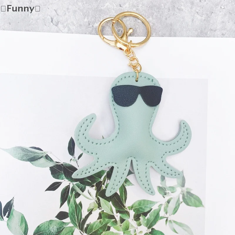 PU Leather Cute Funny Sunglasses Octopus Keychain Backpack Pendant Creative Car Keyring Fashion Bag Hanging Ornaments Women Gift