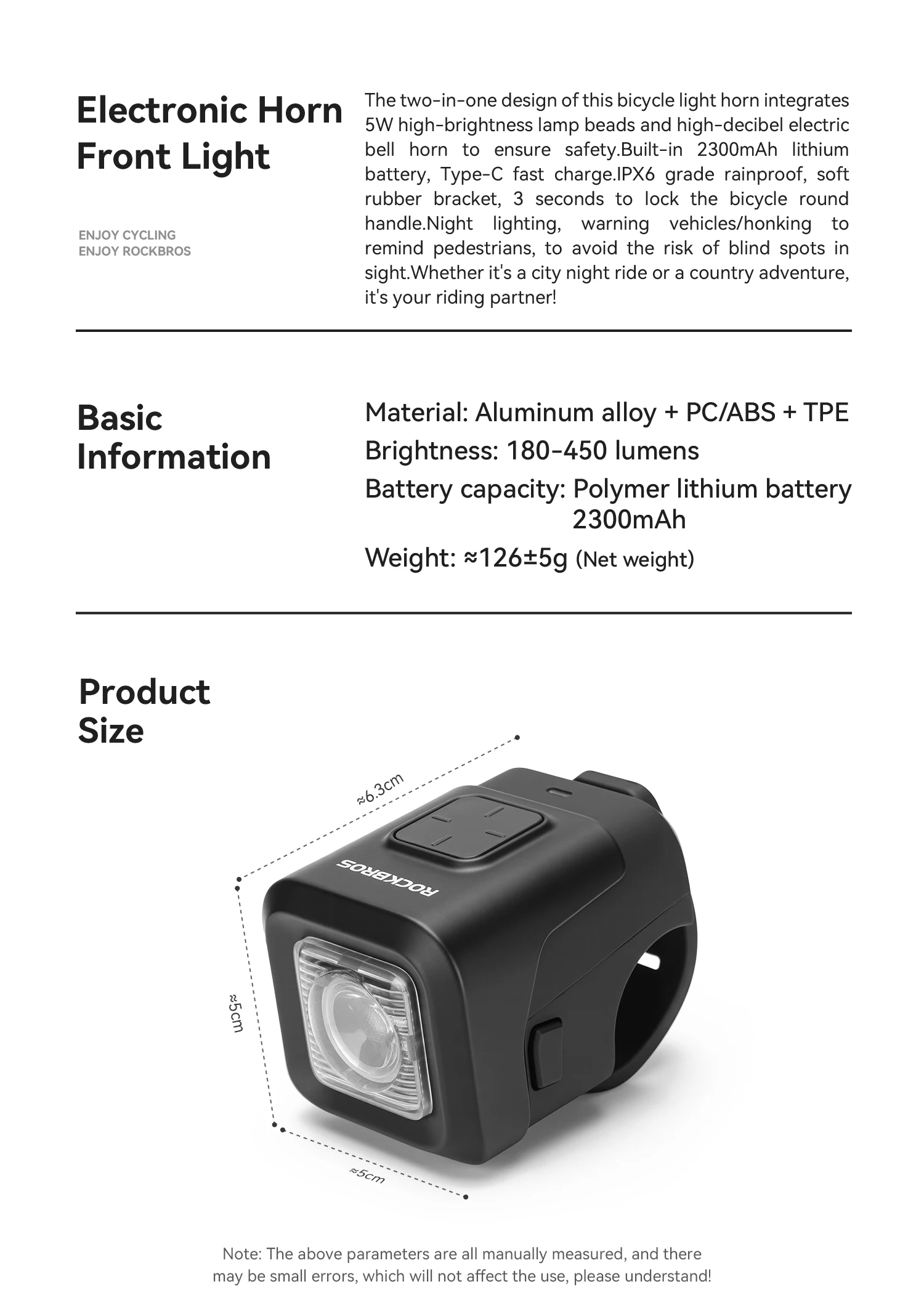 ROCKBROS Bike Horn Light IPX6 Rainproof Type-C Charging 2300mAh Headlight Illuminate Warn Two-in-One Electronic Horn Front Light