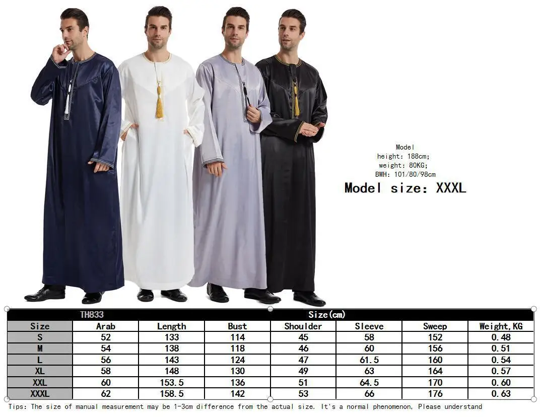 Islamic Muslim Arabic Men's Robe Long Sleeve Embroidered Stand Collar Arabian Thobe For Men Djellaba Homme