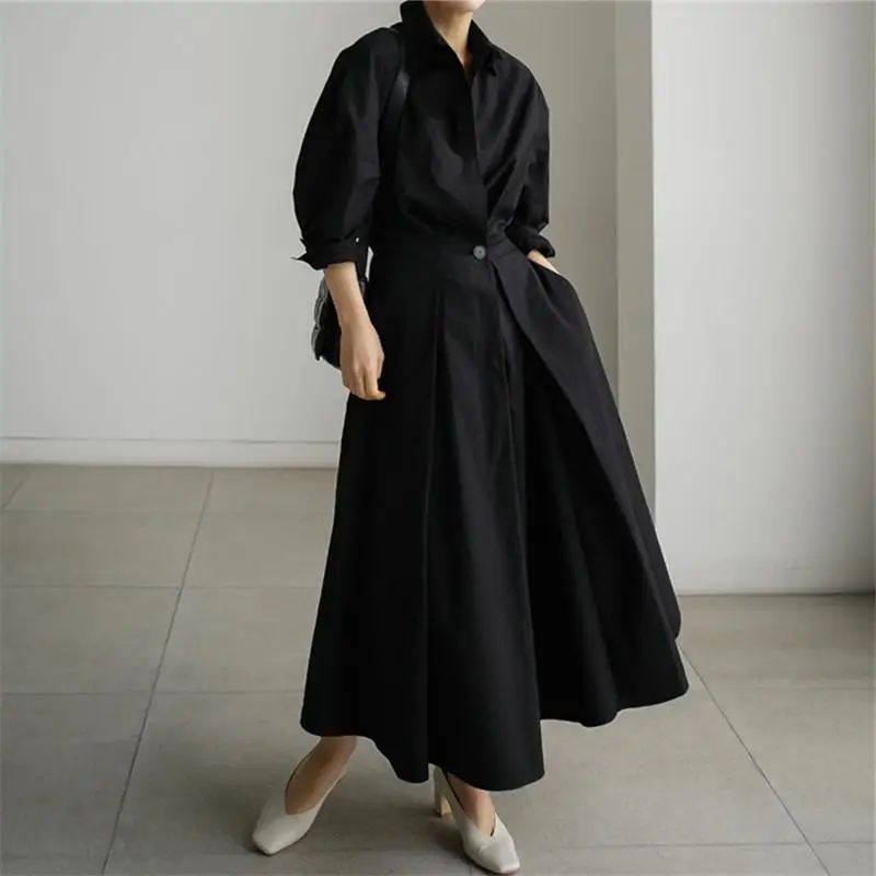 2024 Loose Women Shirt Dress Long Sleeves Solid Color High Quality Woman Clothing Turn-Down Collar Casual A-line Ladies Dresses