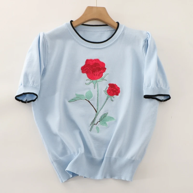magliette estive da donna lavorate a maglia magliette da donna a maniche corte con fiori di rosa ricamati