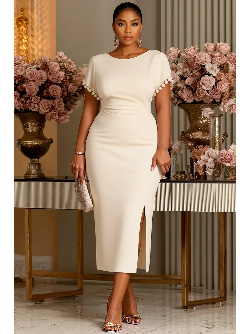 Plus Size Round Neck Bodycon Midi Dress With Pearl Trimmed Sleeves And Side Slit Formal Evening Party Wedding Guest Dresses For