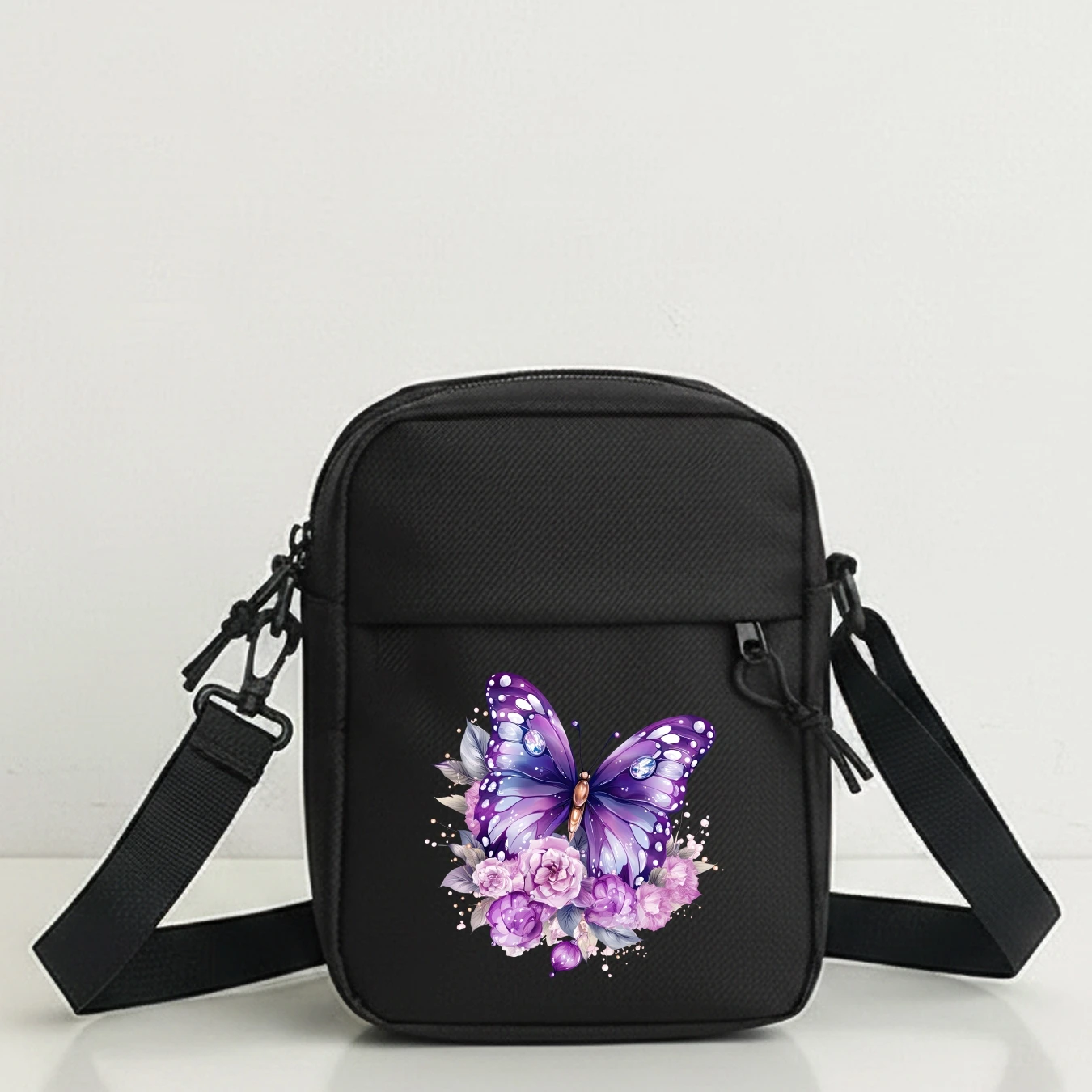 Stylish Purple Butterfly Watercolor Floral Shoulder Bag with Removable Strap, Zipper Closure, Perfect for Office, Travel,