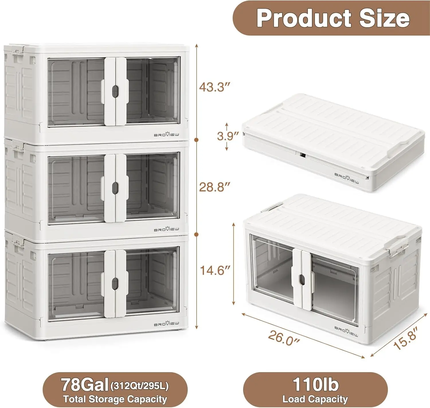 V7 3 Pack Stackable Storage Box, 312QT 78 gallon Closet Organizer and Door Storage, Foldable Storage Box with Lid and Wheels