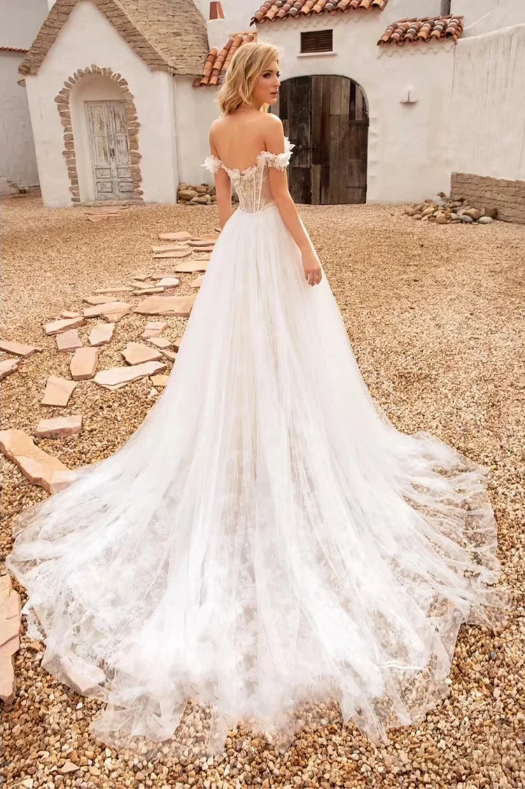 Robe de mariée en dentelle blanche pour femme, robe trapèze à fleurs, épaule dénudée, robe de mariée chérie, princesse élégante, personnalisée, 2024