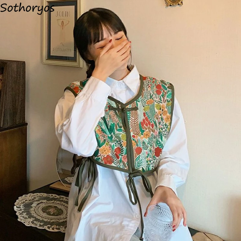 

Vests for Women Cropped Embroidery Vintage Lace-up Coat Minority Streetwear All-match Sleeveless Trendy Aesthetic Classic Female