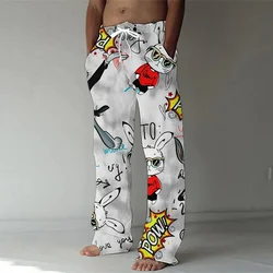 Handsome rabbit print men's pants, daily casual and comfortable bamboo linen, breathable men's casual pants loose hair