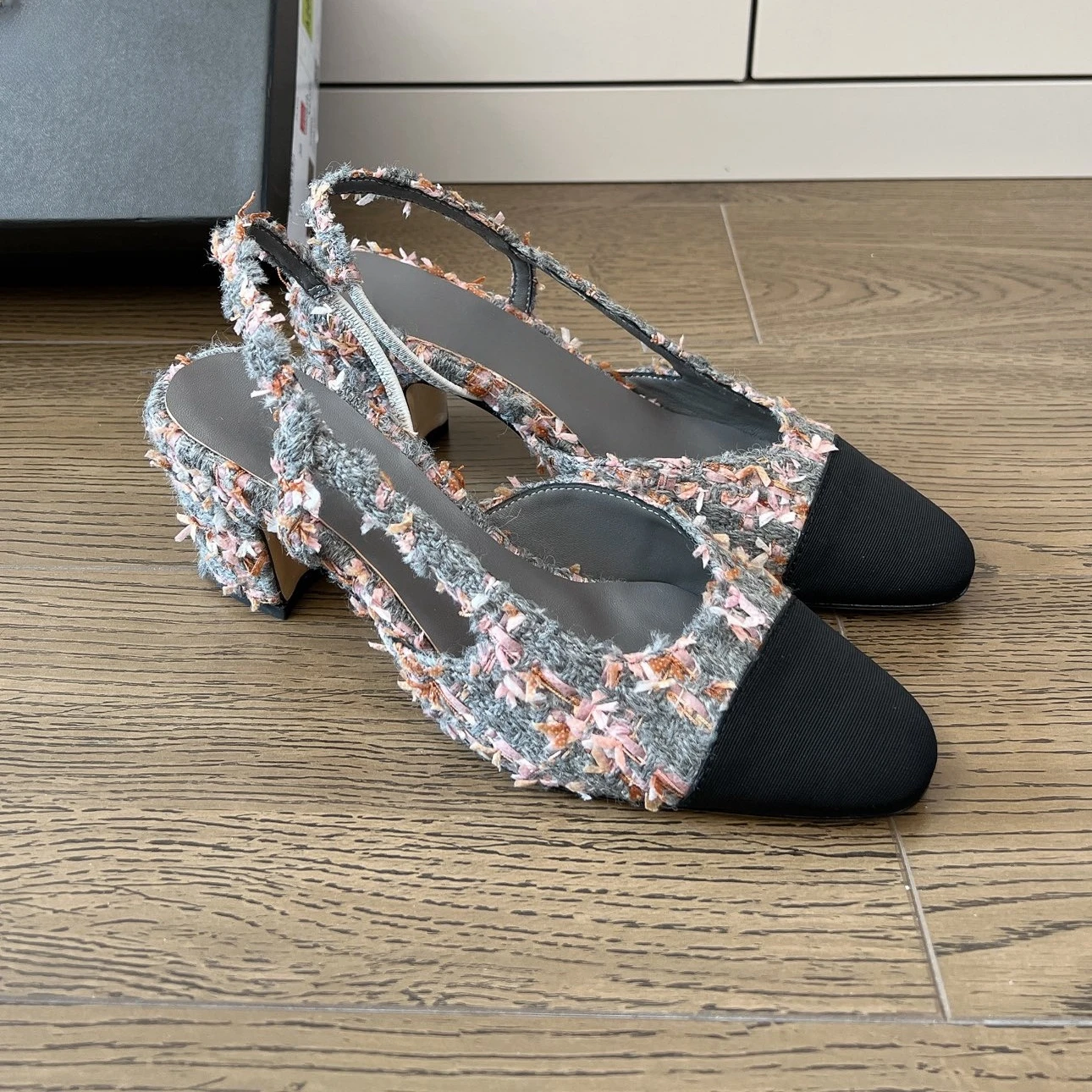 Classic Tweed Round-Toe Square Heel Slingback Woman Sandals Mix Colors Mary Janes Gladiator Sandals Dress Pumps Sapato Feminino