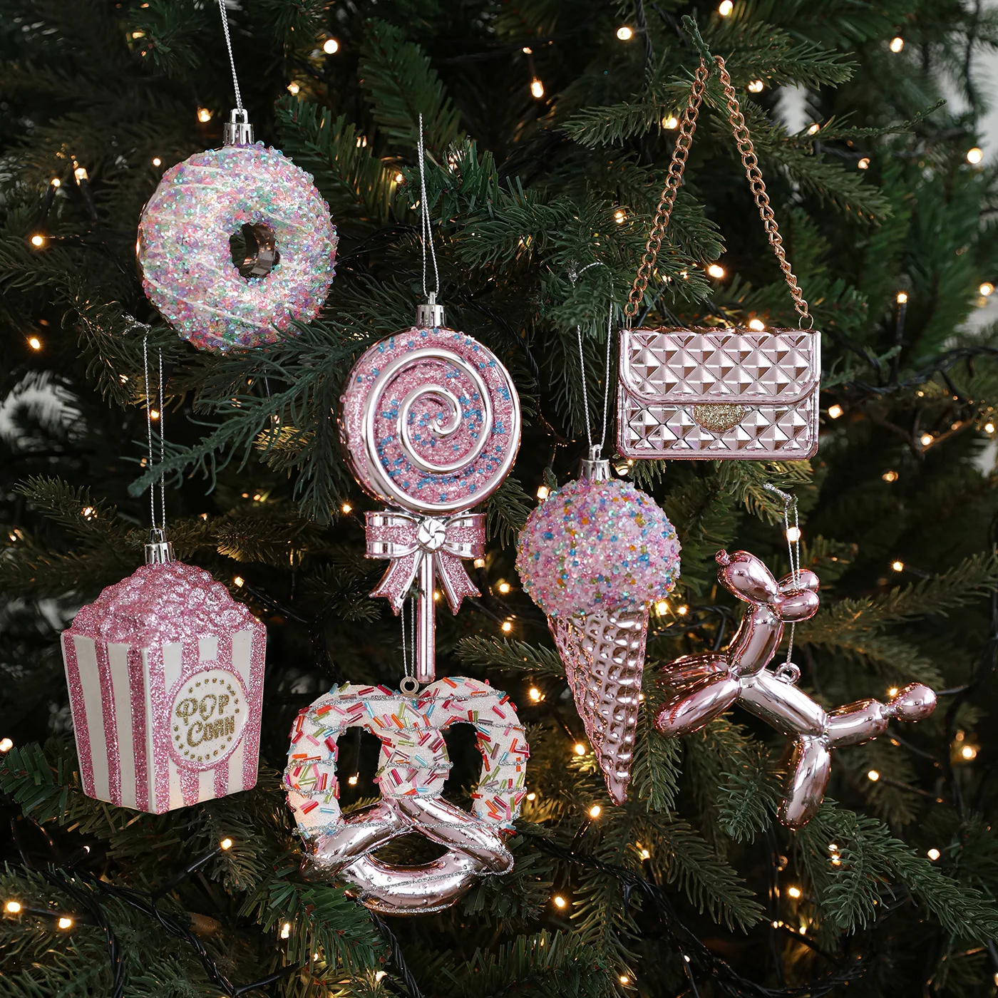 

Cute Pink Series Christmas Decorative Pendants Cartoon 3D Dessert Ice Cream Lollipop Vertical Pendant for Xmas Tree DIY Decor