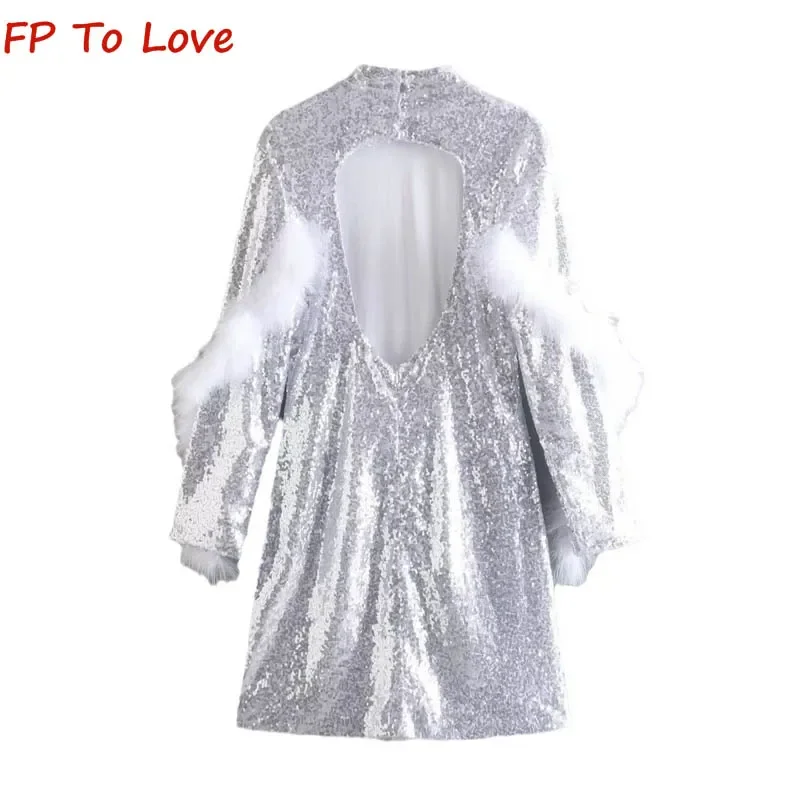 Y2K Feather Embellished Back Hollow Sequin Dress PB&ZA Woman Sexy Slim Silver Hottie Mini Dress 9649729