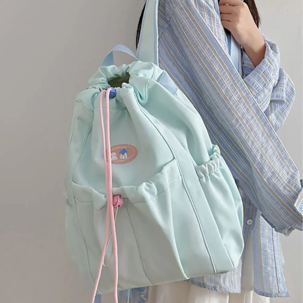 

Solid Color Fresh Color Drawstring Backpack Nylon Korean Style Students School Bag Large Capacity Handbag Shoulder Bag Students