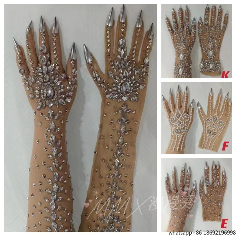 Guantes largos con diamantes, guantes de diamantes grandes con diseño de flor y perlas, guantes de tubo largo para vestido de escenario, guantes de muñeca con diamantes para fotos, guantes geniales para la muñeca.
