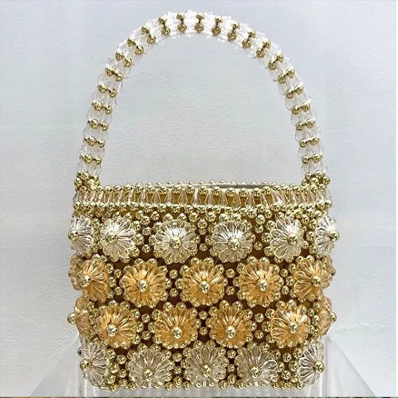 Beaded Bag Pearl Flower Handbag Acrylic Evening Women Famous Brand Vintage Clutch Purse Bucket Designer High Quality Exquisite