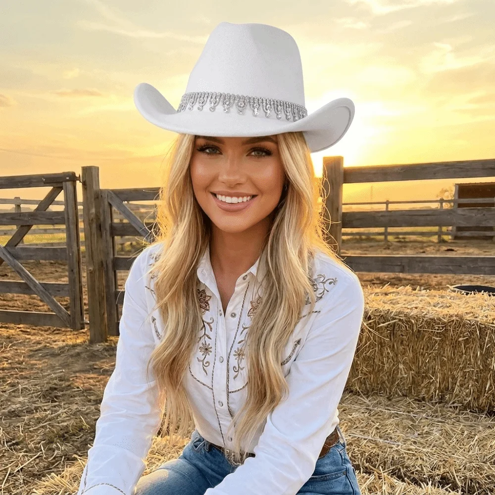 Sparkling Western Cowboy Hat Curved Wide Brim Non-Elastic Felt Fedora Hat Breathable Rhinestone Decoration Top Hat