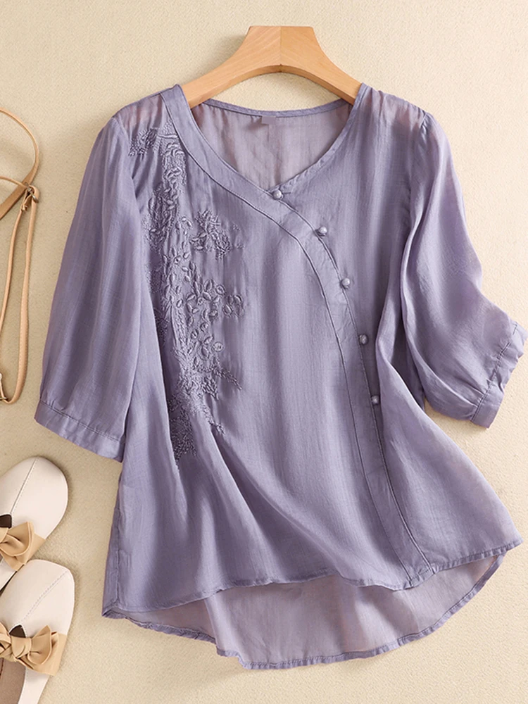 Retro V-Ne bordado algodón Lino irt ligero verano Casual suelta ajuste talla grande mujer Faion artístico Top