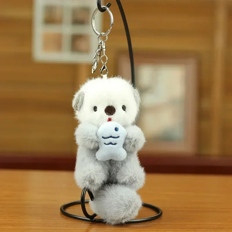 Cute Plush Otters Holding Fish Keychain Stylish Backpack Keyrings Lovely Animal School Bag Key Wallet Pendant Toy Student Gift