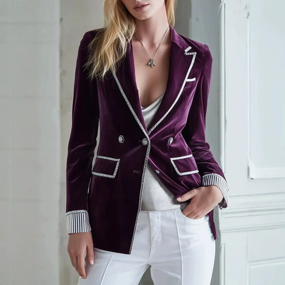 Women Velvet Blazer Double Breasted Piping Trim 2026 Lapel Long Sleeve Evening Party Cocktail Wedding Guest Elegant Chic New