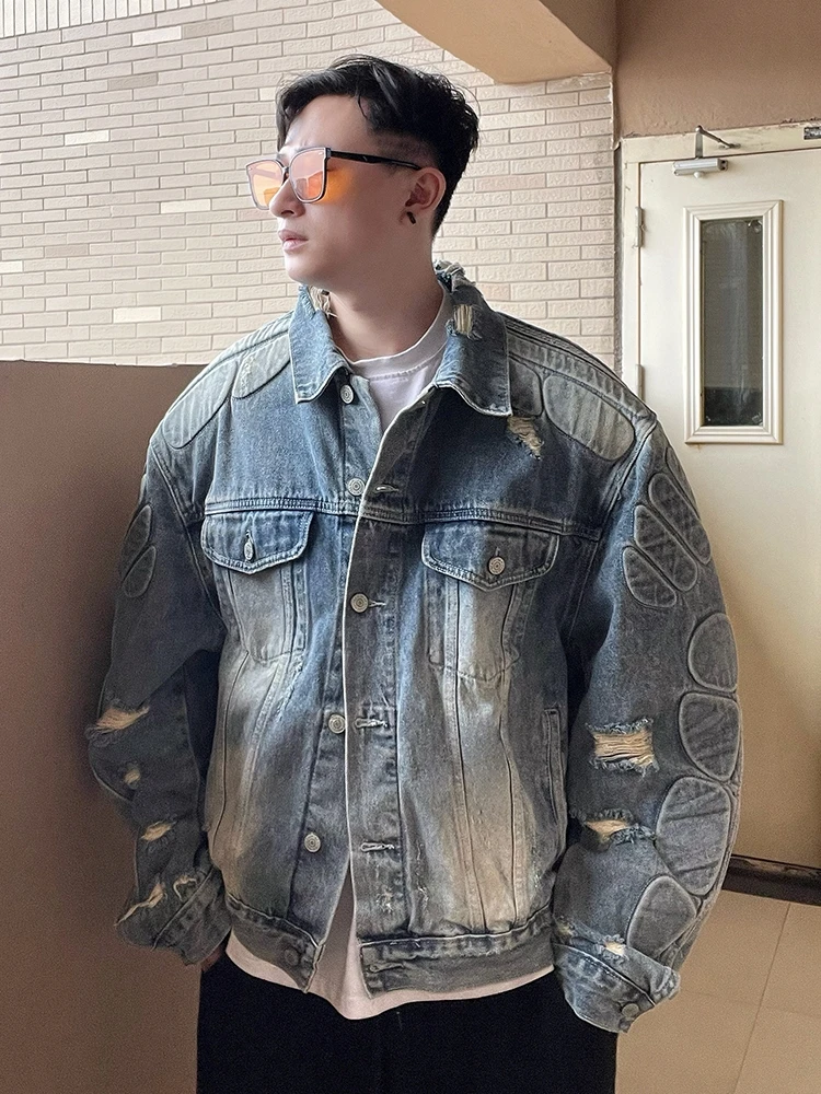 

Мужская джинсовая куртка Waed в винтажном стиле с дырками, модная, с подплечниками и защитой, свободного кроя, молодежный тренд