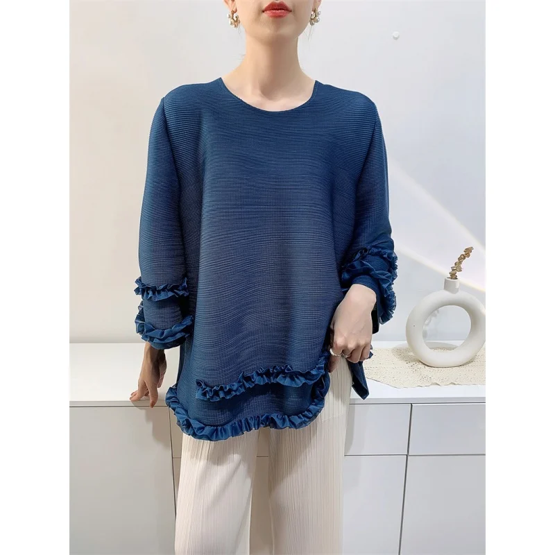 

MIYAKE Pleated Style Spring and summer new pleated top with lace design T-shirt, toothpick pressed pleated clothes niche [S-747]