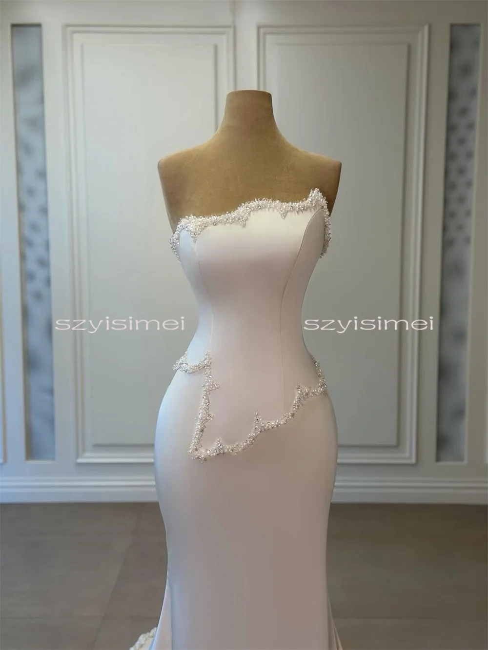 Modern Sweetheart Pearl Detail Wedding Dress Back Corset with Sweep Train Custom Made Mermaid Bridal Gown by Amanda Novias