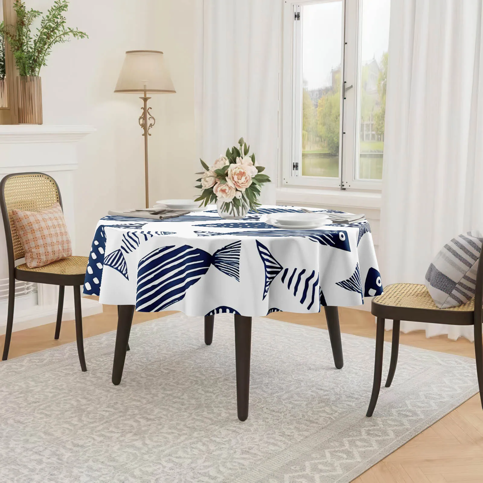 1 PC Blue Fish Pattern {2D Fingerprint Printing} Embroidered Tablecloth - A Gift for Family and Friendszyc