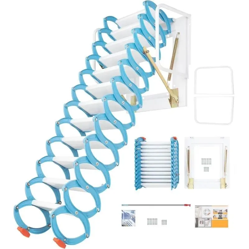 Modern Manual Integrated Steel Folding Loft Stairs Space Saving Telescopic Design 660 lbs Capacity Attic Access Ladder