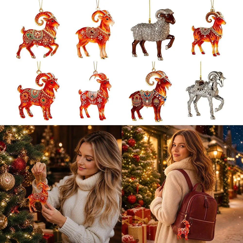 Ornement suspendu en forme de chèvre 2D plat en acrylique brillant, pendentif de chèvre avec strass artificiels, décoration de sapin de Noël simulée.