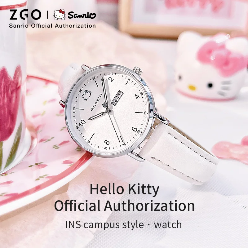 ZGO X Sanrio Hello Kitty Watch For Girls Dual Calendar Luminous Quartz Watches For Women Junior High School Students 2092