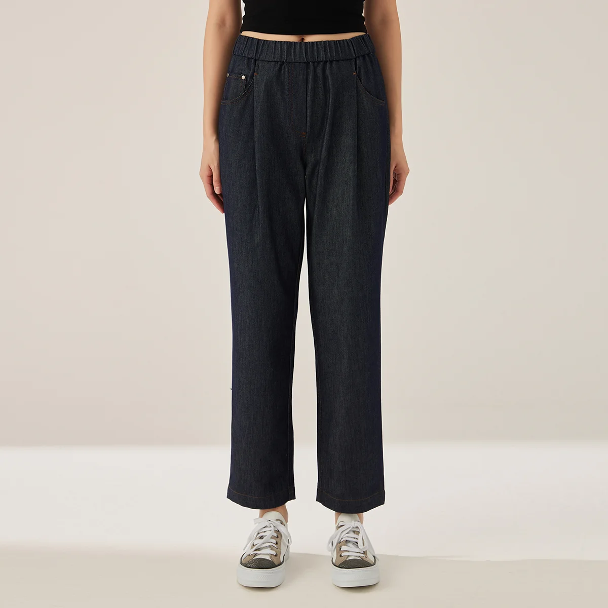 

KW7523355 High-Waisted Wide Leg Denim Pants Women's Casual Style Elastic Waist Blended Fabric Fall Clothing