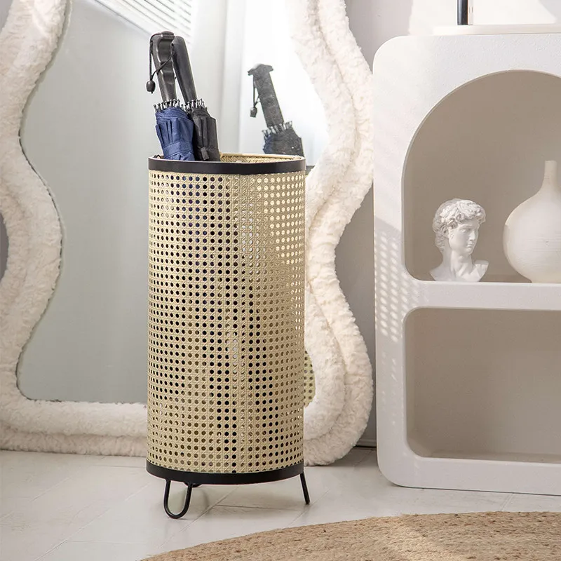 Iron Rattan Umbrella Stand, Woven Hollow Out Drip Tray Holder for Wet Umbrellas, Entryway Floor Storage Organizer with Drainage