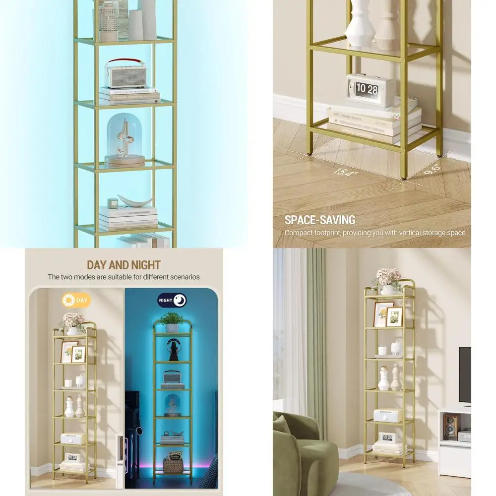 

Illuminated Slim Bookshelf with Tempered Glass Shelves, Gold, for Living Spaces - 9.6D x 15.4W x 66.5H