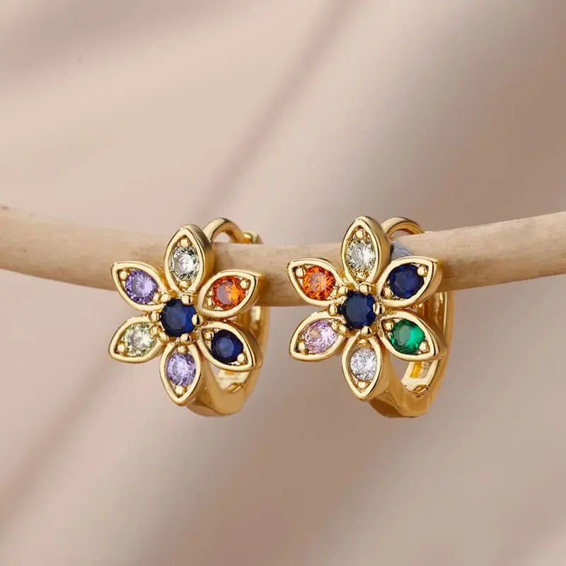 Zircon Colored Flower Earrings For Women Stainless Steel Flower Stars Hoop Earring 2024 Trending Luxury Aesthetic Jewelry aretes