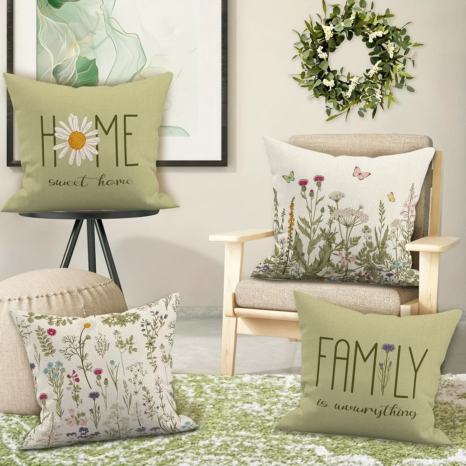 4 fundas  almohada vintage floral en ver pálido y estilo hogareño rústico - Estampado  un solo lado con cierre, acuadas