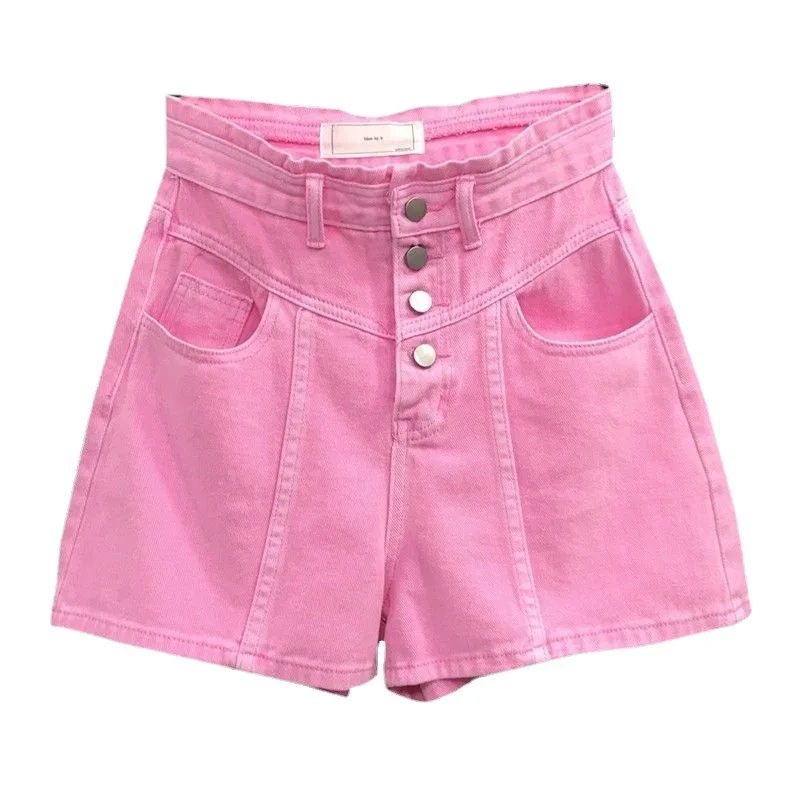 

Pink Denim Jeans 2024 Summer Shorts Jeans For Women High Waist Single Breasted Loose Wide Leg Pants Female Pocket Sexy Shorts