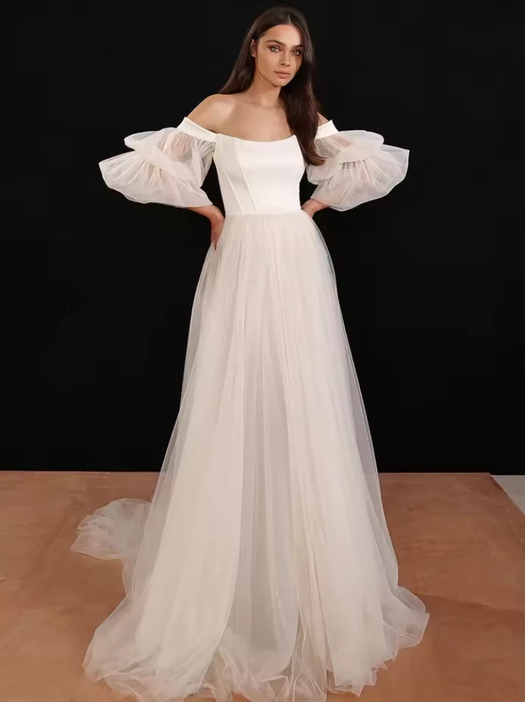 

Boho Three Quarter Sleeve Wedding Dresses for Bride A-Line Off Shoulder Train Tulle Bridal Gowns
