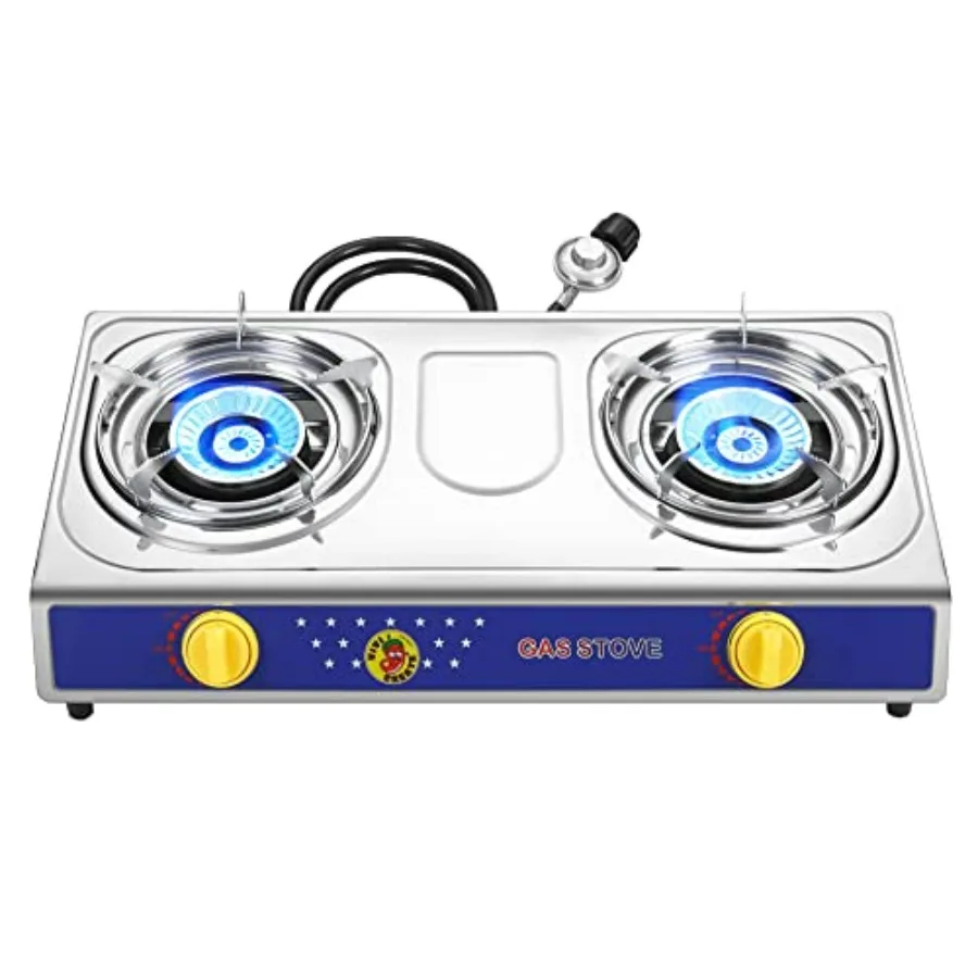 

Outdoor camping stove with stainless steel cooktop, silver color, 25000 BTU dual burner for BBQ, boiling, frying, and cooking