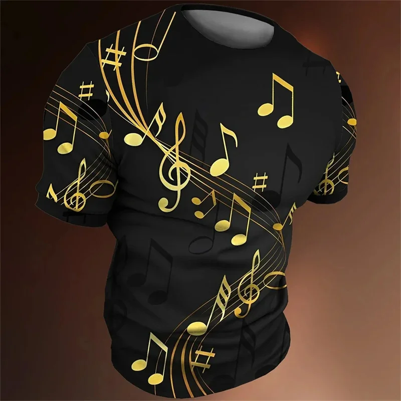 3D Printed Vintage T-Shirt For Men Musical Notes Pattern T Shirts Summer Casual Oversized Tees Round Neck Tops Short Sleeves