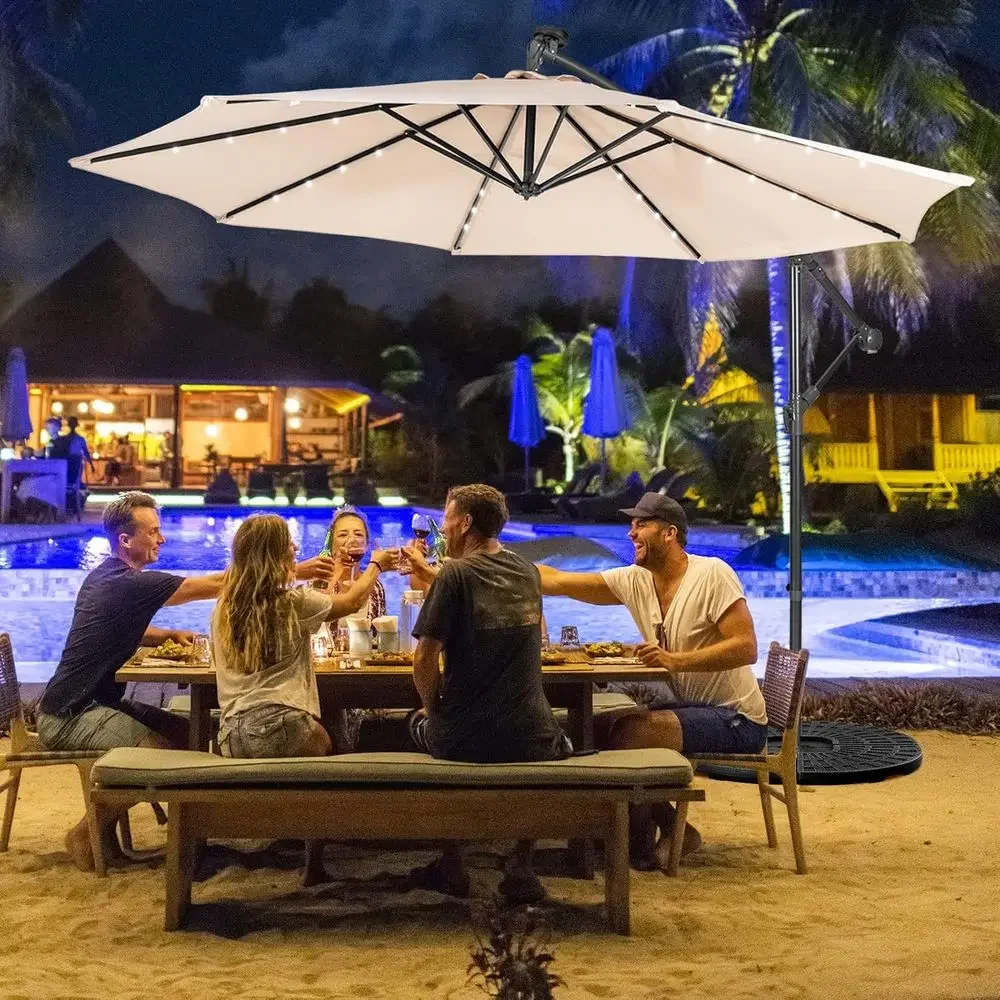 Outdoor 10ft Cantilever Umbrella with 32 LED Lights, 8 Ribs, Adjustable Heavy-Duty Patio Shade