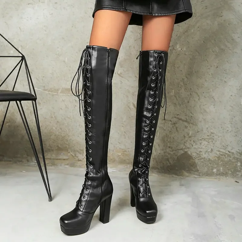 

PU Leather Women Over the Knee Boots Platform Square High Heel Ladies Long Boots Fashion Cross Tied Women Winter Shoes Beige