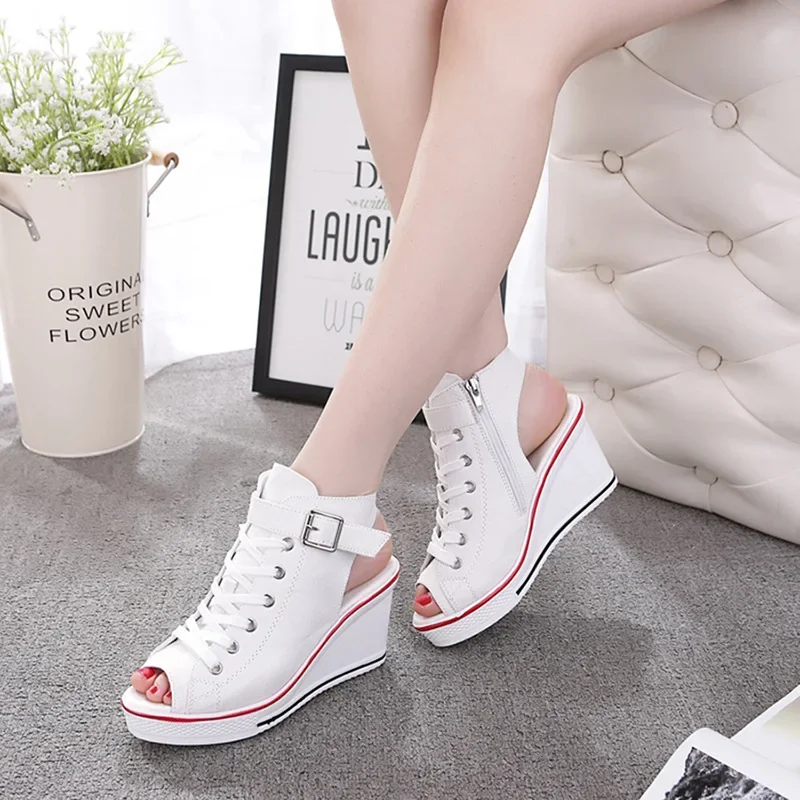 Sexy Women's Canvas Sandals High Heels Cross Strap Platform Zipper 8CM Wedges Street Style High Quality Girls Shoes Outdoor