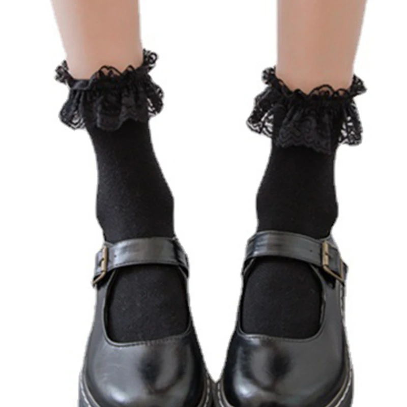 Meias tornozelo algodão femininas japonesas Ruffle Frilly Trim Lace Uniform Hosiery