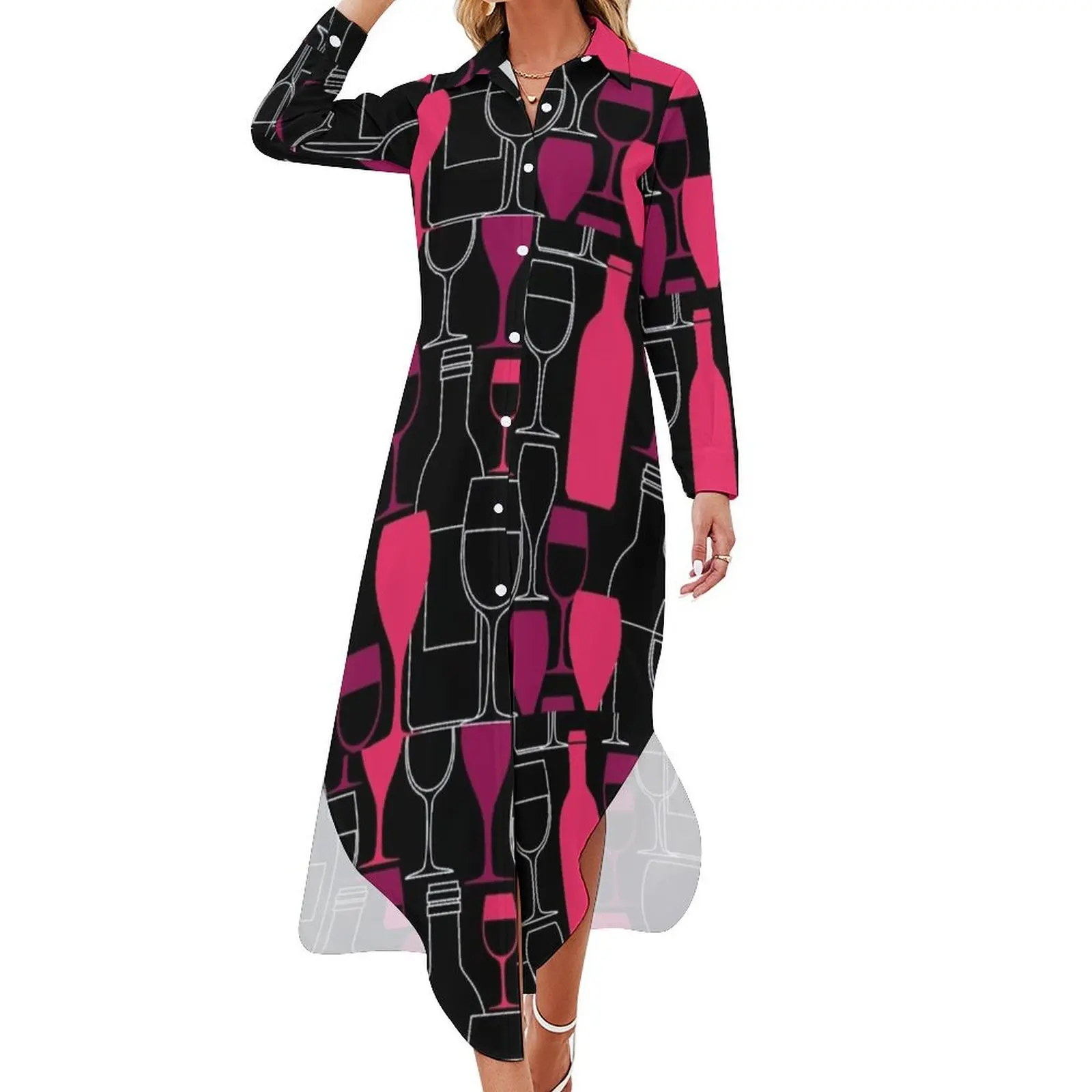 

Bottles of wine with glasses in black and pink Long Sleeved Shirt Dress birthday dress for women Women's summer dresses