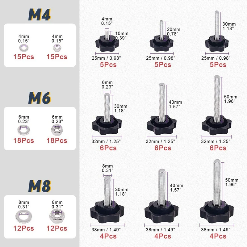 M4/M6/M8 Clamping Hex Hand Knob Handle Replacement Handle Knob Grip Screw On Type Stud With Nuts And Washers 135 PCS