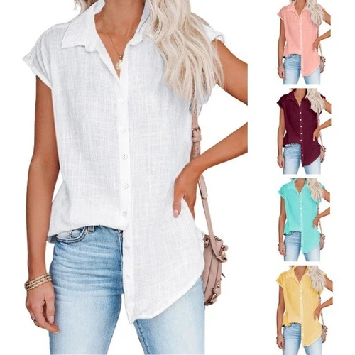 Imagen 1 del producto Camisa de lino y algodón liso de verano, ropa para mujer, pantalón corto informal, Tops de manga, camisetas para mujer, Blusas finas y holgadas para mujer