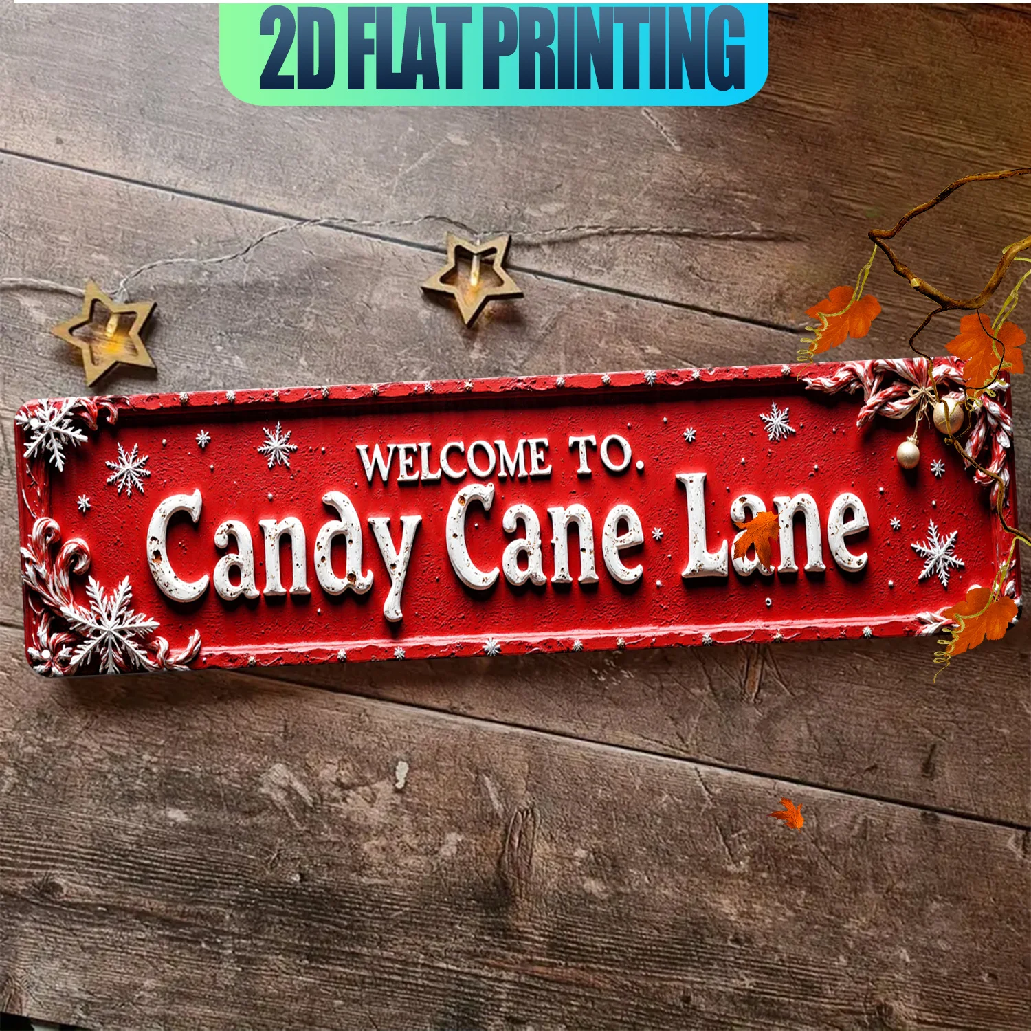 2D Flat, 1pc Vintage Candy Cane Lane Welcome Sign - Red & White Aluminum Wall Decor with Festive Snowflakes, 15.7x3.9 Inches