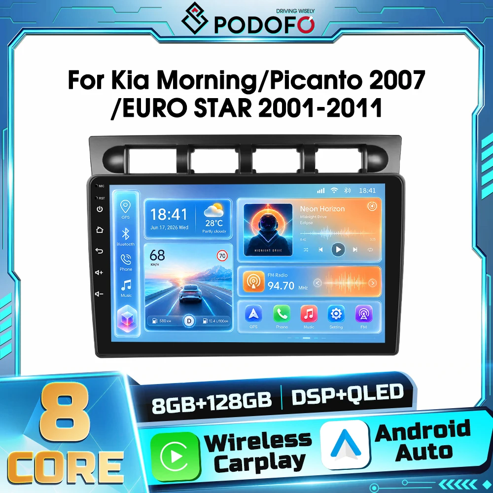 Podofo AI Voice 2din Android Car Multimedia Player for Kia Morning Picanto 2007 EURO STAR 2001-2011 GPS Navigation Wireless Carplay Android Auto WIFI DSP FM RDS Bluetooth Autoradio Receiver