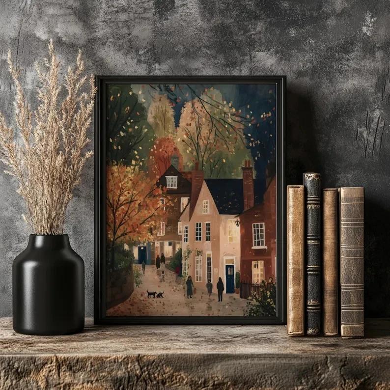 Retro Autumn Cozy Street Scene Wall Art Print Canvas Painting Poster Picture For Living Room,Bedroom Home Decor