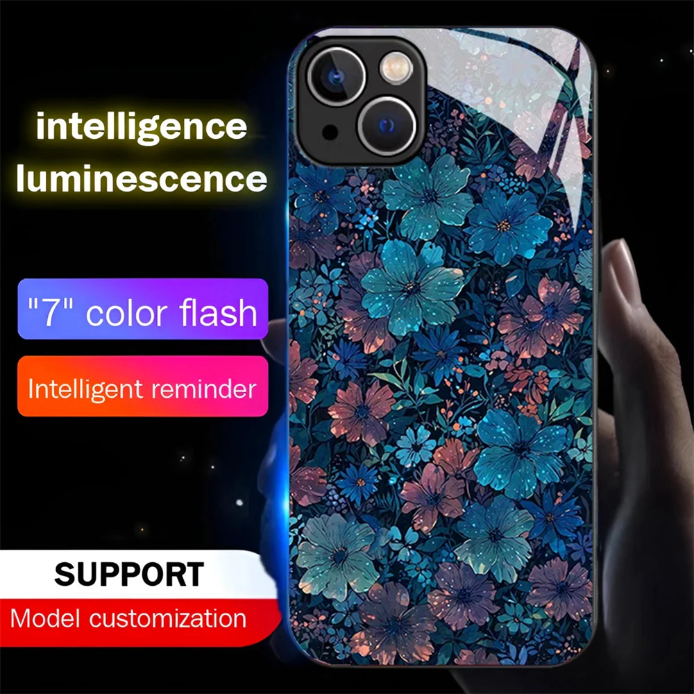 

Pretty Flowers Bloom Sound Control LED Flash Case Luminous Glass Cover For iPhone Air 17 16 E 15 14 13 12 11 Pro Max Plus