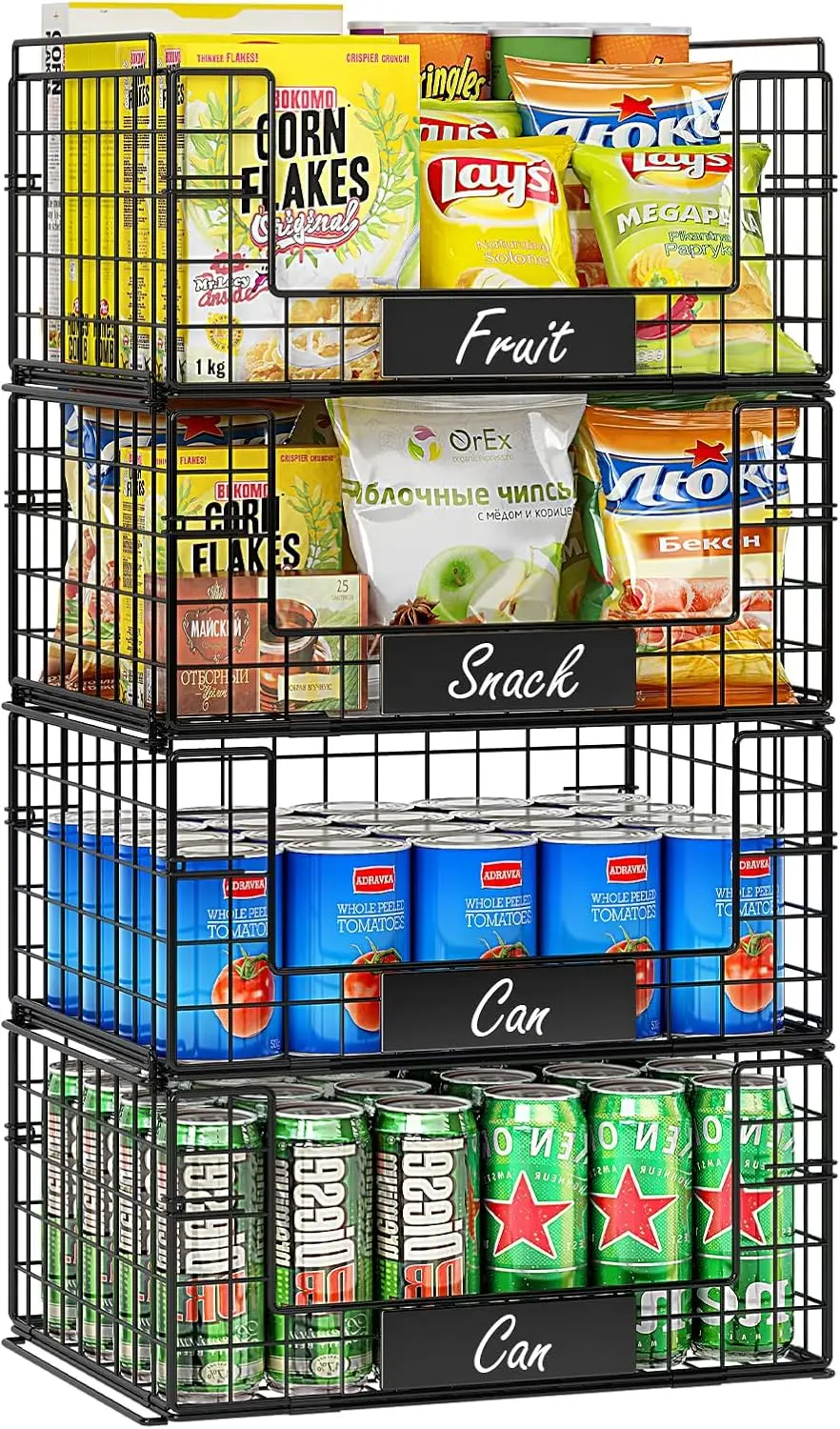 Stackable Wire Baskets with Handles for Pantry Storage and Organization,Fruit and Vegetable Basket with Name Plates