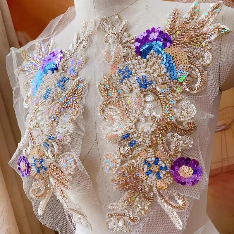 2個入り、絶妙なシャンパンビーズ刺繍、レースデカール、スパンコール、ネイルビーズデコレーション、手作りウェディングドレスアクセサリー